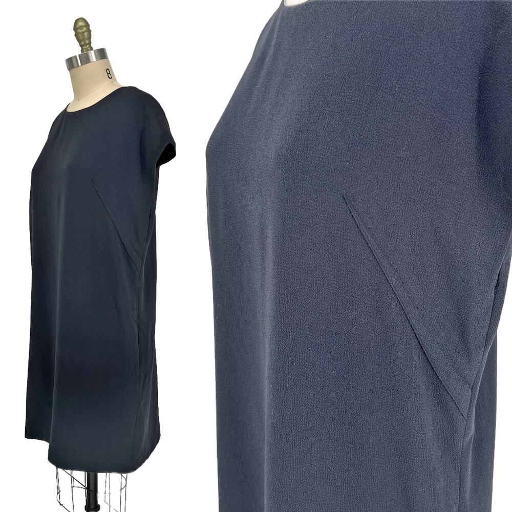 Vince Leather Piped Crepe Shift Mini Tunic Dress size Medium Charcoal Black - Picture 11 of 15